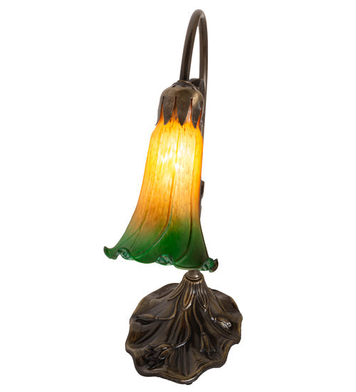 Meyda Lighting Tiffany Pond Lily 15" Antique Brass Accent Table Lamp With Amber & Green Shade Glass