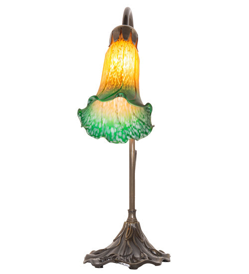 Meyda Lighting Tiffany Pond Lily 15" Antique Brass Accent Table Lamp With Amber & Green Shade Glass