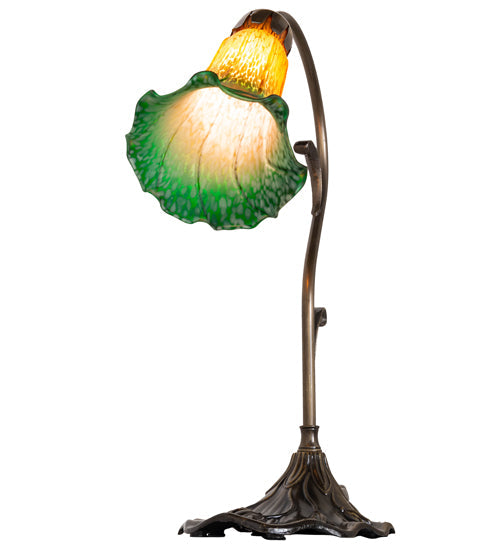 Meyda Lighting Tiffany Pond Lily 15" Antique Brass Accent Table Lamp With Amber & Green Shade Glass