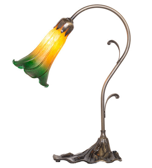 Meyda Lighting Tiffany Pond Lily 15" Antique Brass Accent Table Lamp With Amber & Green Shade Glass