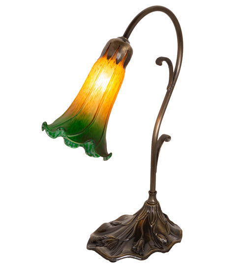 Meyda Lighting Tiffany Pond Lily 15" Antique Brass Accent Table Lamp With Amber & Green Shade Glass