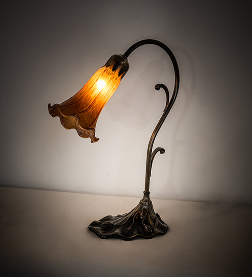 Meyda Lighting Tiffany Pond Lily 15" Antique Brass Accent Table Lamp With Amber Shade Glass