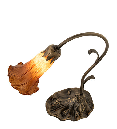 Meyda Lighting Tiffany Pond Lily 15" Antique Brass Accent Table Lamp With Amber Shade Glass