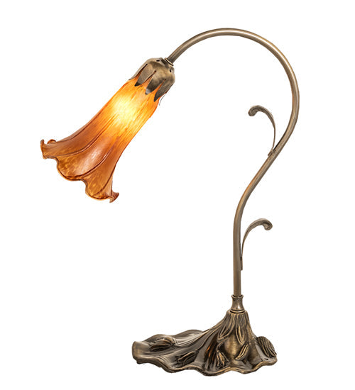 Meyda Lighting Tiffany Pond Lily 15" Antique Brass Accent Table Lamp With Amber Shade Glass