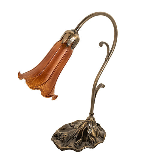 Meyda Lighting Tiffany Pond Lily 15" Antique Brass Accent Table Lamp With Amber Shade Glass