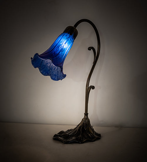 Meyda Lighting Tiffany Pond Lily 15" Antique Brass Accent Table Lamp With Blue Shade Glass