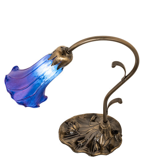 Meyda Lighting Tiffany Pond Lily 15" Antique Brass Accent Table Lamp With Blue Shade Glass