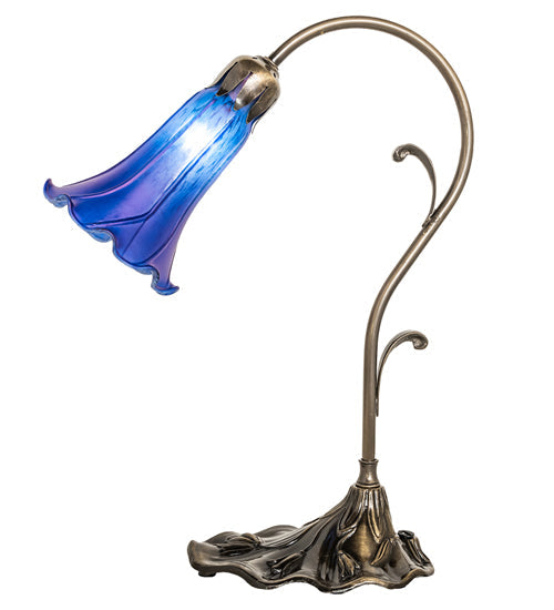 Meyda Lighting Tiffany Pond Lily 15" Antique Brass Accent Table Lamp With Blue Shade Glass