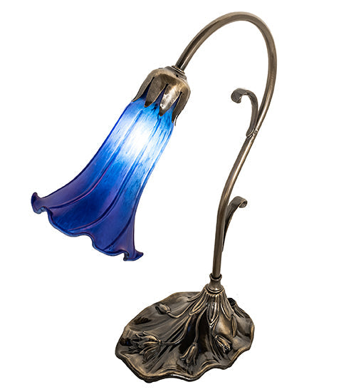 Meyda Lighting Tiffany Pond Lily 15" Antique Brass Accent Table Lamp With Blue Shade Glass
