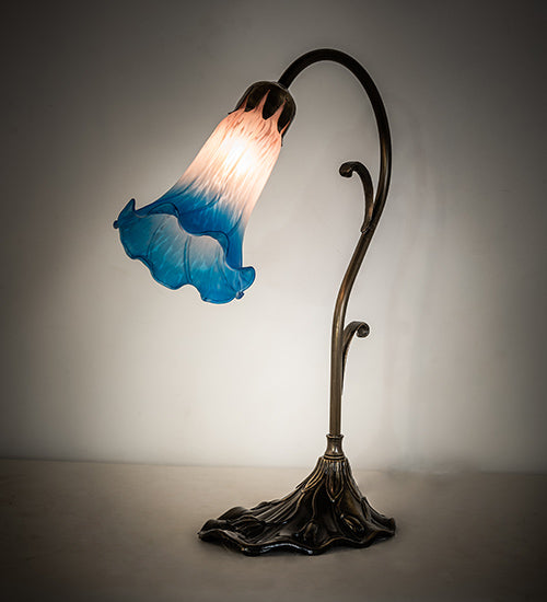 Meyda Lighting Tiffany Pond Lily 15" Antique Brass Accent Table Lamp With Pink & Blue Shade Glass