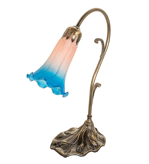 Meyda Lighting Tiffany Pond Lily 15" Antique Brass Accent Table Lamp With Pink & Blue Shade Glass