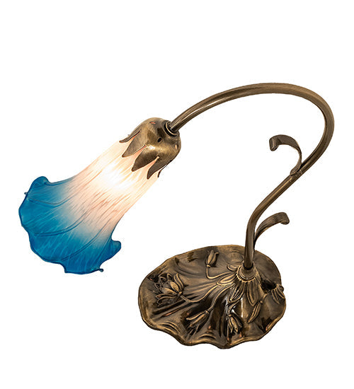Meyda Lighting Tiffany Pond Lily 15" Antique Brass Accent Table Lamp With Pink & Blue Shade Glass