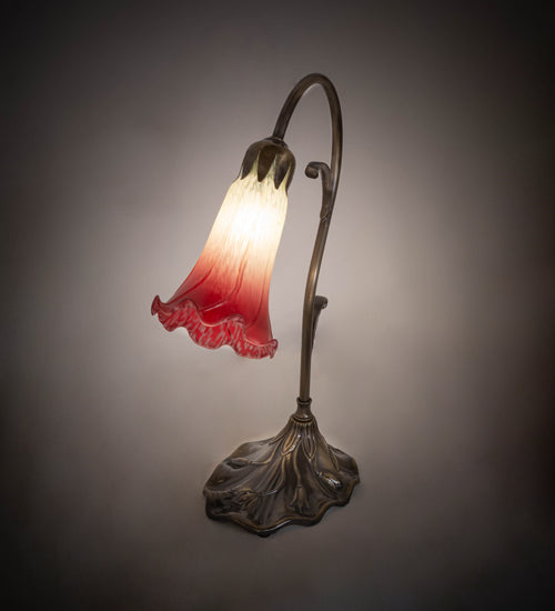 Meyda Lighting Tiffany Pond Lily 15" Antique Brass Accent Table Lamp With Red & Green Shade Glass