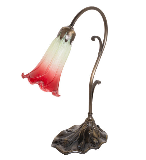 Meyda Lighting Tiffany Pond Lily 15" Antique Brass Accent Table Lamp With Red & Green Shade Glass