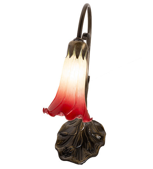 Meyda Lighting Tiffany Pond Lily 15" Antique Brass Accent Table Lamp With Red & Green Shade Glass