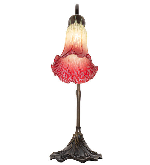 Meyda Lighting Tiffany Pond Lily 15" Antique Brass Accent Table Lamp With Red & Green Shade Glass