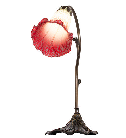 Meyda Lighting Tiffany Pond Lily 15" Antique Brass Accent Table Lamp With Red & Green Shade Glass
