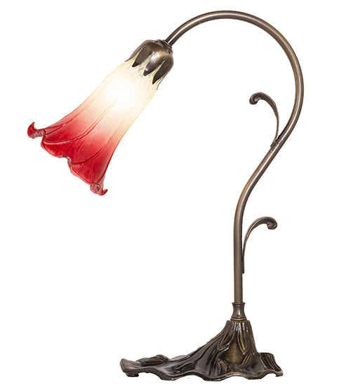 Meyda Lighting Tiffany Pond Lily 15" Antique Brass Accent Table Lamp With Red & Green Shade Glass