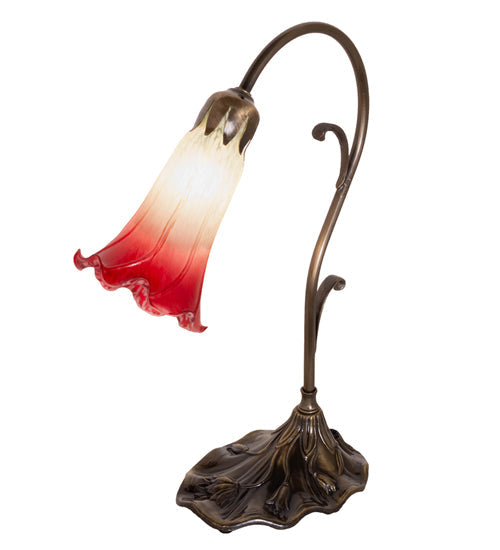 Meyda Lighting Tiffany Pond Lily 15" Antique Brass Accent Table Lamp With Red & Green Shade Glass