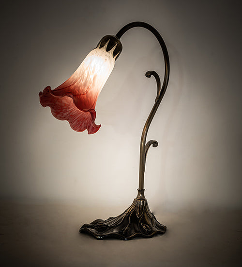 Meyda Lighting Tiffany Pond Lily 15" Antique Brass Accent Table Lamp With Red & White Shade Glass