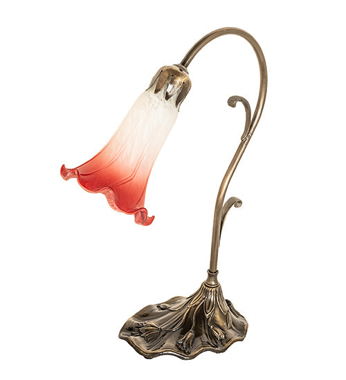 Meyda Lighting Tiffany Pond Lily 15" Antique Brass Accent Table Lamp With Red & White Shade Glass