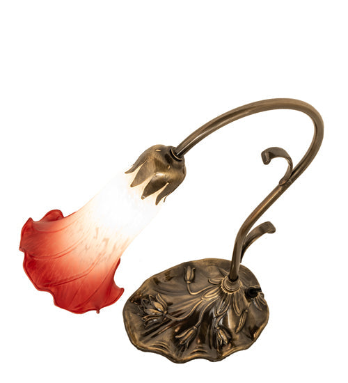 Meyda Lighting Tiffany Pond Lily 15" Antique Brass Accent Table Lamp With Red & White Shade Glass