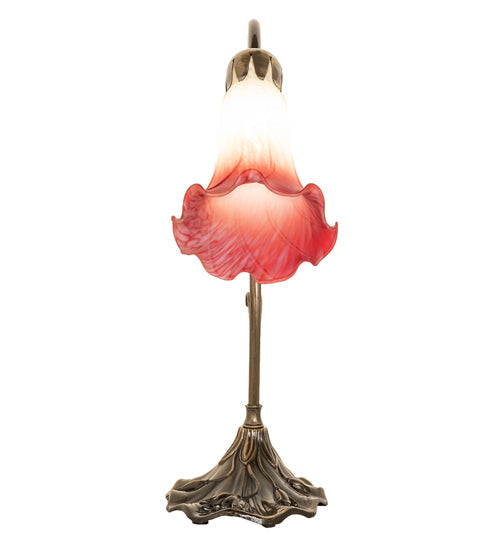 Meyda Lighting Tiffany Pond Lily 15" Antique Brass Accent Table Lamp With Red & White Shade Glass