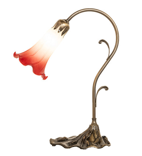 Meyda Lighting Tiffany Pond Lily 15" Antique Brass Accent Table Lamp With Red & White Shade Glass