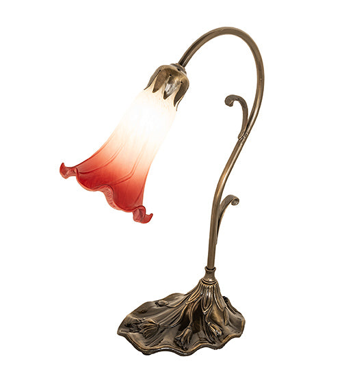 Meyda Lighting Tiffany Pond Lily 15" Antique Brass Accent Table Lamp With Red & White Shade Glass