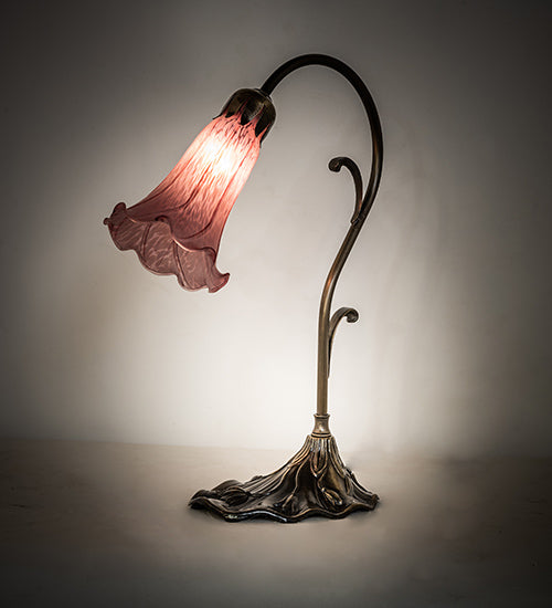 Meyda Lighting Tiffany Pond Lily 15" Antique Brass Accent Table Lamp With Violet Shade Glass