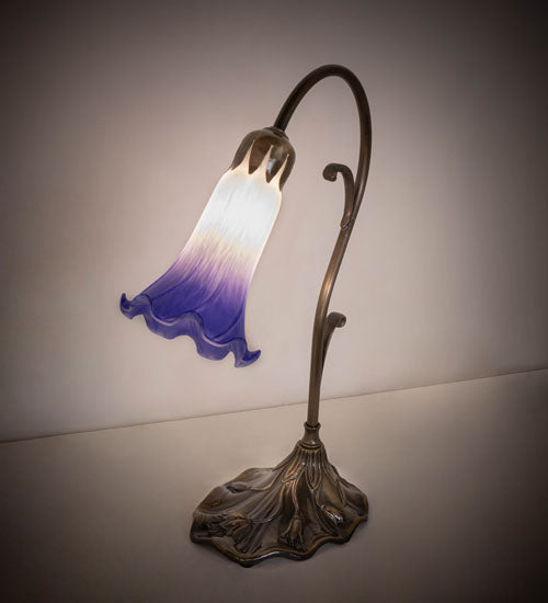 Meyda Lighting Tiffany Pond Lily 15" Antique Brass Accent Table Lamp With White & Blue Shade Glass