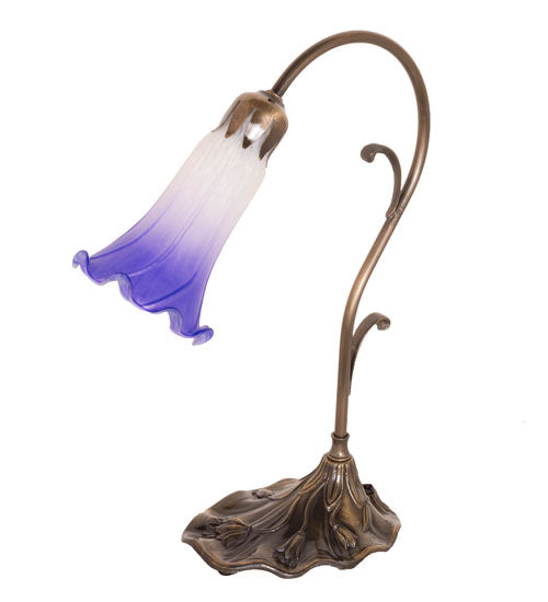 Meyda Lighting Tiffany Pond Lily 15" Antique Brass Accent Table Lamp With White & Blue Shade Glass