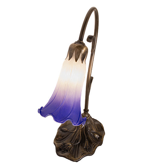 Meyda Lighting Tiffany Pond Lily 15" Antique Brass Accent Table Lamp With White & Blue Shade Glass