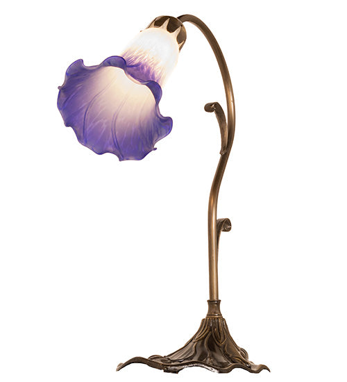Meyda Lighting Tiffany Pond Lily 15" Antique Brass Accent Table Lamp With White & Blue Shade Glass