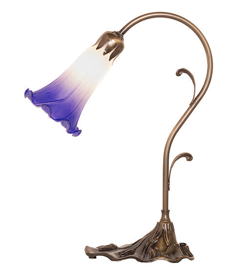 Meyda Lighting Tiffany Pond Lily 15" Antique Brass Accent Table Lamp With White & Blue Shade Glass