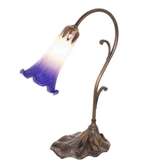 Meyda Lighting Tiffany Pond Lily 15" Antique Brass Accent Table Lamp With White & Blue Shade Glass