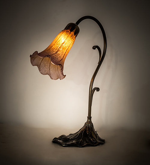 Meyda Lighting Tiffany Pond Lily 15" Antique Brass Table Lamp With Amber & Purple Shade Glass
