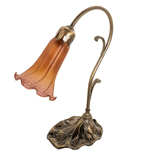 Meyda Lighting Tiffany Pond Lily 15" Antique Brass Table Lamp With Amber & Purple Shade Glass