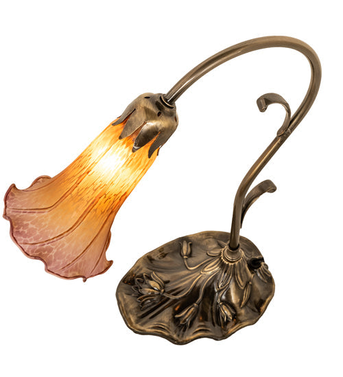 Meyda Lighting Tiffany Pond Lily 15" Antique Brass Table Lamp With Amber & Purple Shade Glass