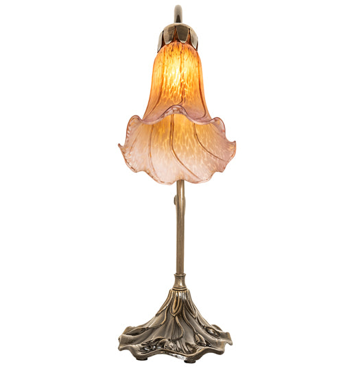 Meyda Lighting Tiffany Pond Lily 15" Antique Brass Table Lamp With Amber & Purple Shade Glass