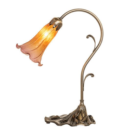 Meyda Lighting Tiffany Pond Lily 15" Antique Brass Table Lamp With Amber & Purple Shade Glass