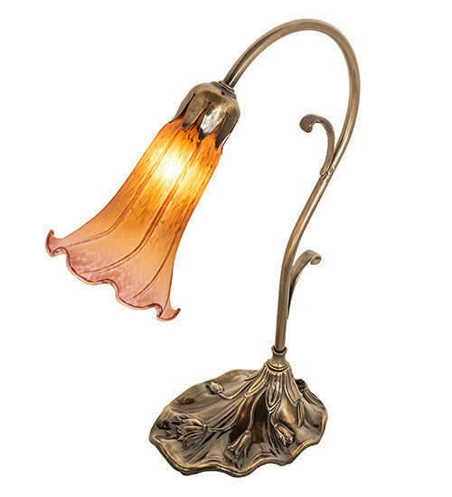 Meyda Lighting Tiffany Pond Lily 15" Antique Brass Table Lamp With Amber & Purple Shade Glass