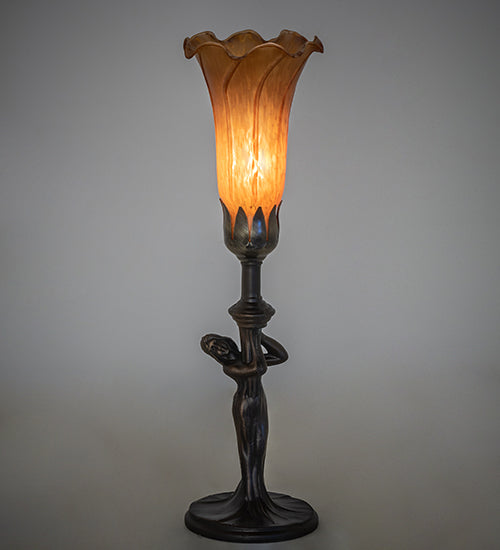 Meyda Lighting Tiffany Pond Lily 15" Mahogany Bronze Nouveau Lady Accent Table Lamp With Amber Favrile Shade Glass