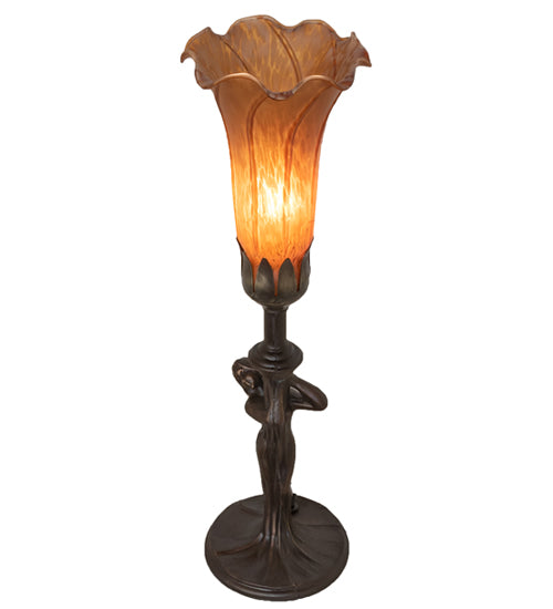 Meyda Lighting Tiffany Pond Lily 15" Mahogany Bronze Nouveau Lady Accent Table Lamp With Amber Favrile Shade Glass