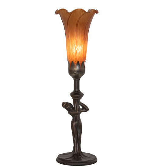 Meyda Lighting Tiffany Pond Lily 15" Mahogany Bronze Nouveau Lady Accent Table Lamp With Amber Favrile Shade Glass