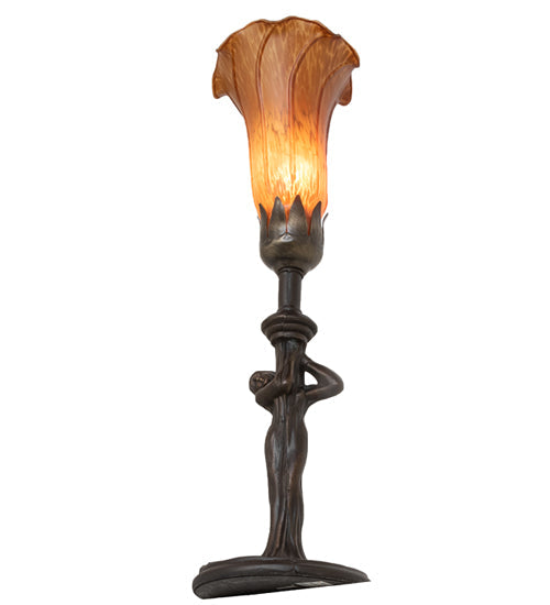 Meyda Lighting Tiffany Pond Lily 15" Mahogany Bronze Nouveau Lady Accent Table Lamp With Amber Favrile Shade Glass