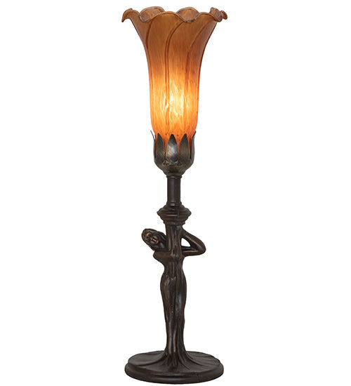Meyda Lighting Tiffany Pond Lily 15" Mahogany Bronze Nouveau Lady Accent Table Lamp With Amber Favrile Shade Glass