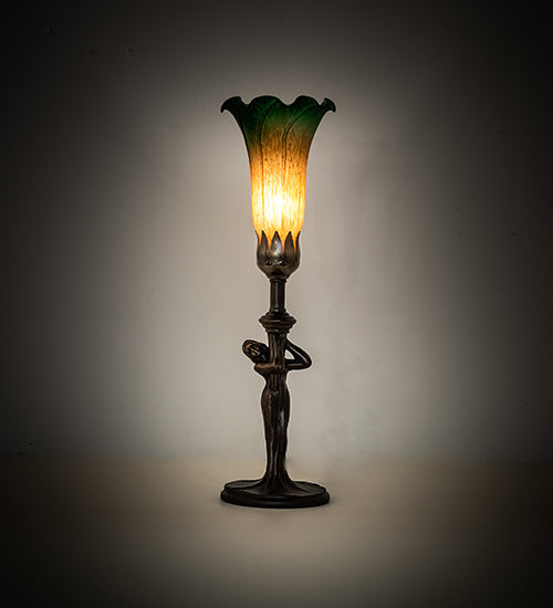 Meyda Lighting Tiffany Pond Lily 15" Mahogany Bronze Nouveau Lady Accent Table Lamp With Amber & Green Shade Glass