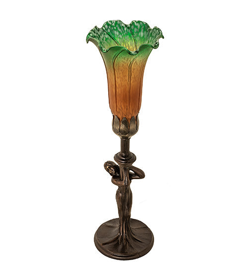 Meyda Lighting Tiffany Pond Lily 15" Mahogany Bronze Nouveau Lady Accent Table Lamp With Amber & Green Shade Glass
