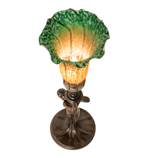 Meyda Lighting Tiffany Pond Lily 15" Mahogany Bronze Nouveau Lady Accent Table Lamp With Amber & Green Shade Glass
